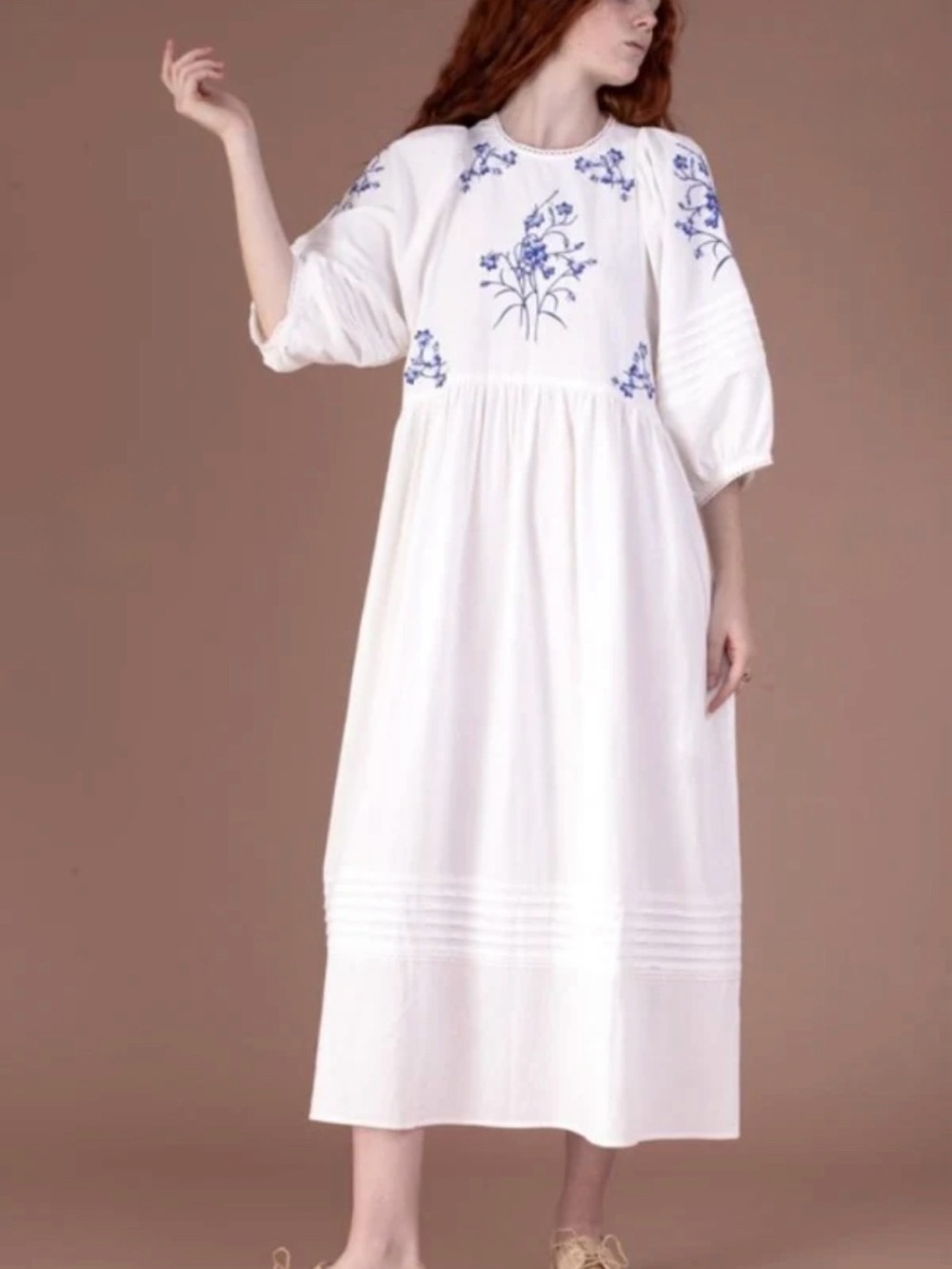Meadows Azalea White Embroidered Midi Dress with Blue Floral Detail